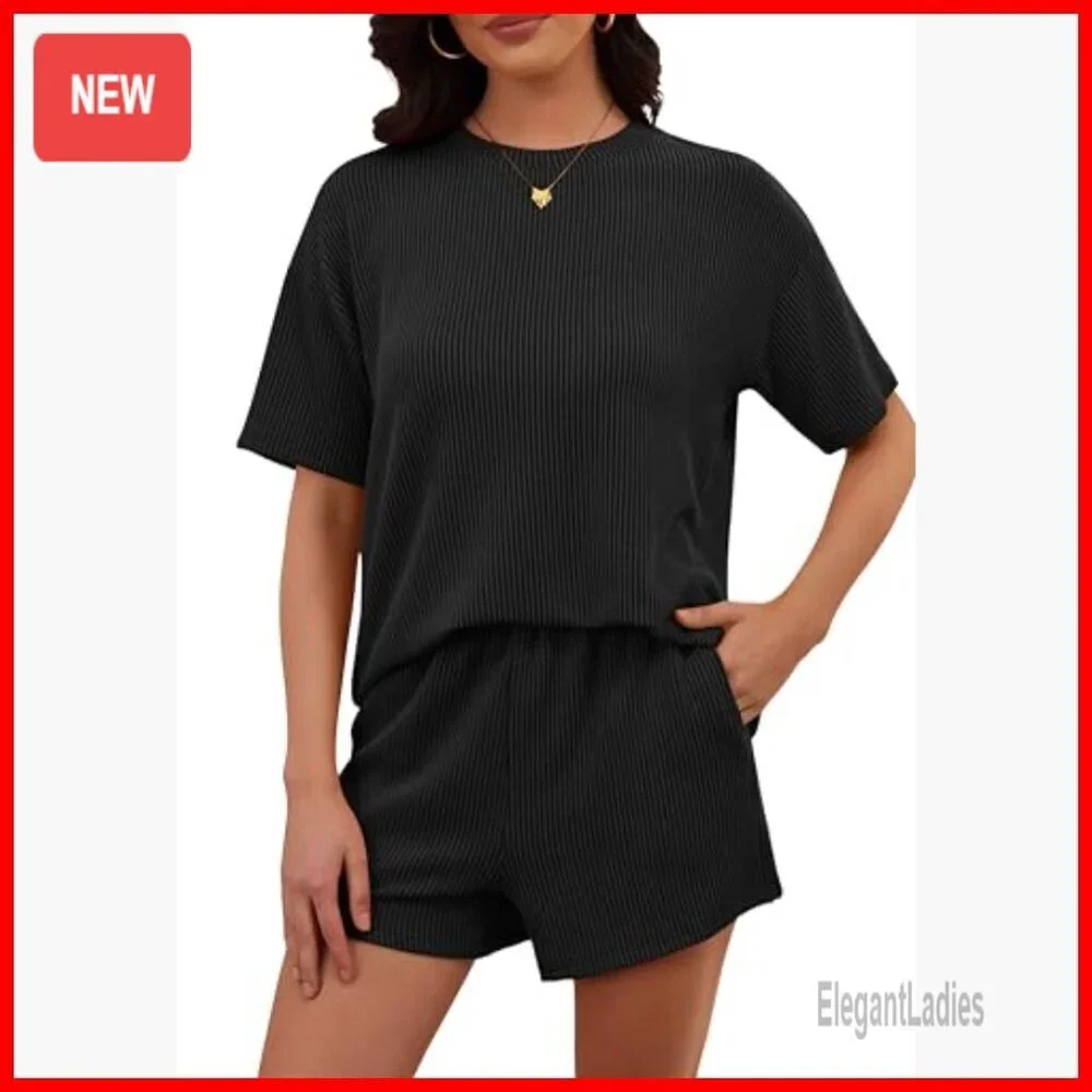 Ribbed Knit Lounge Set Short Sleeve Top and Shorts Matching Outfit